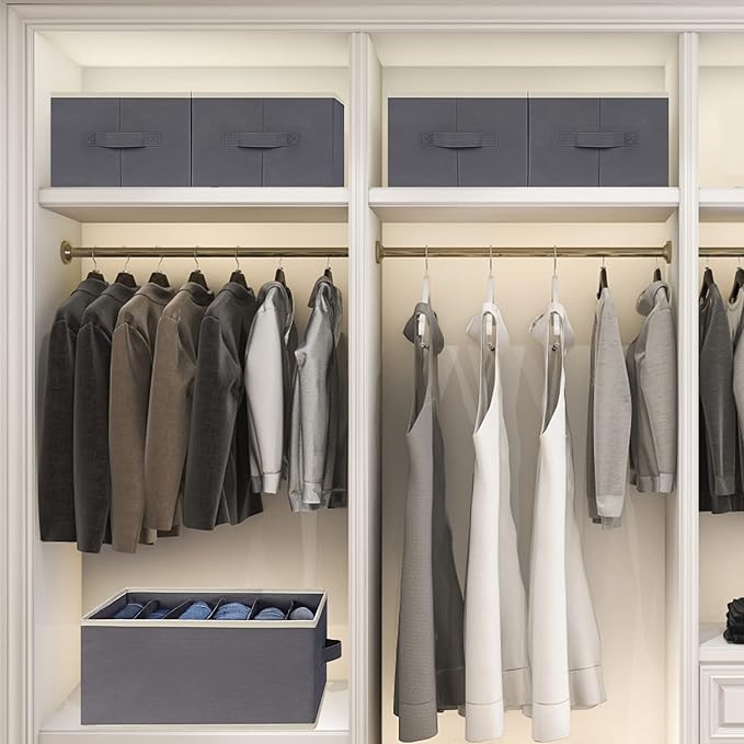 3 Pcs Large Size Wardrobe Clothes Organizers 6 Grids for Pants, Jeans, Sweater, T-shirt, Dress Stackable Closet Drawer Organizer Storage Bin Container with Sturdy Handles, Dark Grey