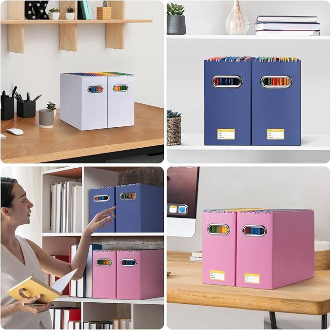 BALEINE File Organizer Box, Cardboard File Folder Organizer with Handle for Letter Size, Portable Collapsible Hanging Filing Box for Home Office Document Storage (2 Pack, Navy)