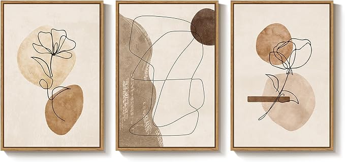 Framed Neutral Abstract Boho Wall Art Bedroom, 3 Piece Brown Black Botanical