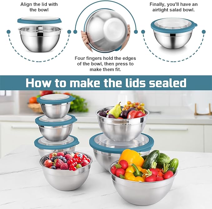 E-far Mixing Bowls Set of 7, Stainless Steel Mixing Bowls with Airtight Clear Lids, Metal Nesting Bowls for Kitchen Prep, Baking, Serving, Dishwasher Safe, Size 4.6, 3.5, 3, 2, 1.5, 1, 0.7QT, Blue