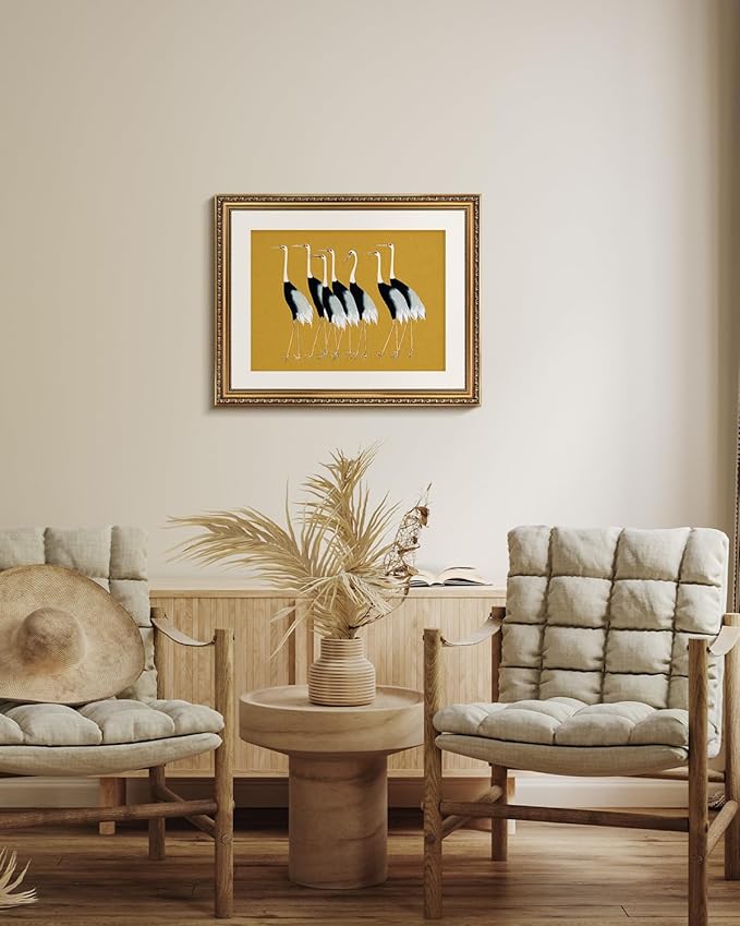 VIYYIEA Gold Framed Wall Art Canvas Print Home Decor, Vintage Cranes Wall Art for Living Room, Vintage Animal Oil Painting Picture, Print Framed Home Decor, Bathroom Wall Decor Seven Cranes 16x20in