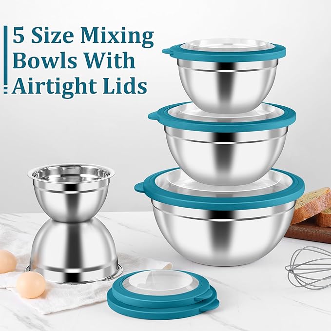 P&P CHEF Mixing Bowl with Visible Airtight Lid Set of 5, 10-Piece Stainless Steel Nesting Salad Bowl Set for Prepping, Mixing and Serving, Size 4.6, 3, 1.5, 1, 0.7 QT, Rimmed Edges & Flat Base, Blue