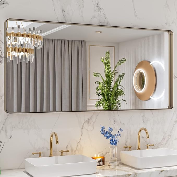 LOAAO 60”X28” Bronze Bathroom Mirrors for Vanity, Rounded Rectangle Brushed Bronze Metal Frame Mirror, Anti-Rust, Tempered Glass, Hangs Horizontally or Vertically