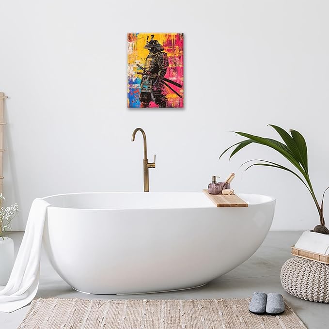 Japanese Wall Art, Graffiti Samurai Pictures Wall Decor, Banksy Samurai Canvas Prints, Japan Painting, Framed Artwork for Bathroom Living Room Bedroom Office Dining Room 24"X16"