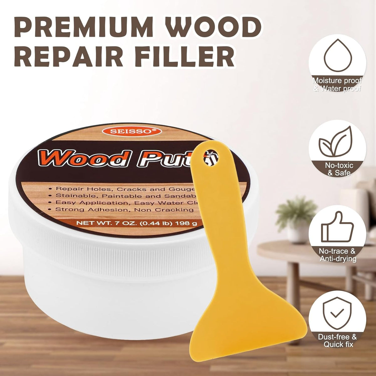 SEISSO Wood Putty, Gray Wood Filler Paintable, Wood Putty Outdoor Waterproof, Wood Repair Putty Stainable, Wood Furniture Repair kit - Restore Wooden Table, Cabinet, Floors, Door