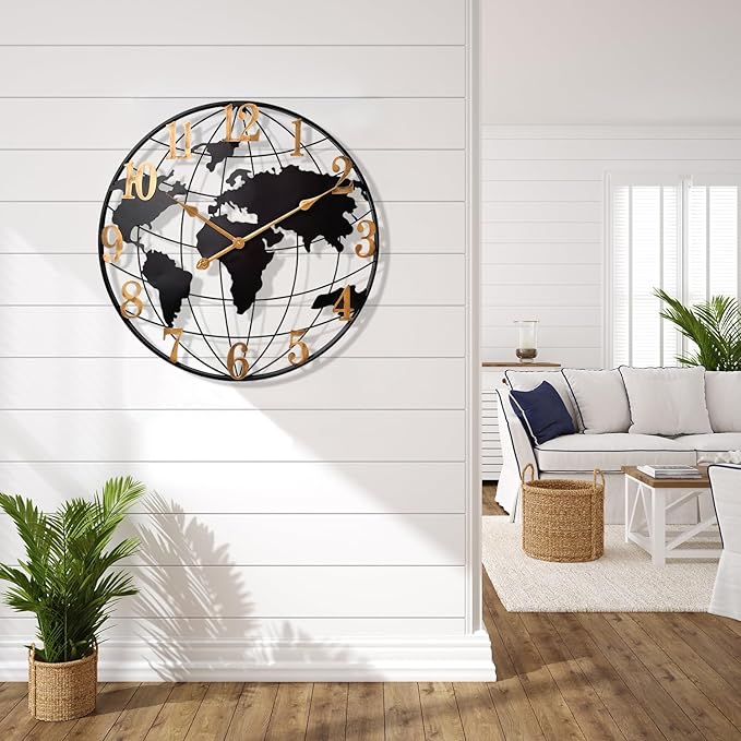 Large World Map Wall Clock, Metal Minimalist Modern Clock, Round Silent