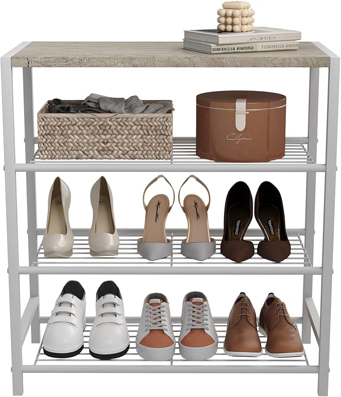HOMEFORT 4-Tier Shoe Rack, Modern Industrial Shoe Storage Tower, Narrow Shoe Organizer for Closet Entryway, Small Shoe Rack Table with Durable Metal Shelves and MDF Top, White Oak