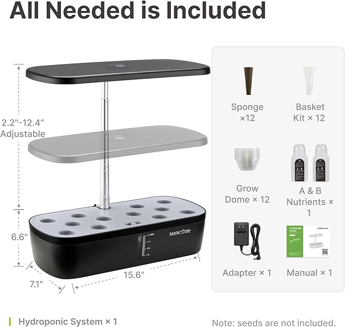 SUNCOZE Hydroponics Growing System Kit 12 Pods, Indoor herb Garden with 20W LED Grow Light, Visible Water Tank with Pump, 2.2"-12.4" Adjustable Height Indoor Gardening System, Gardening Gifts, Black