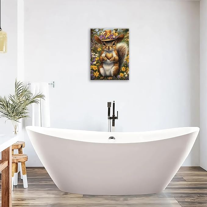 Western Squirrel Wall Art, Squirrel Peanut Pictures Wall Decor, Country Rustic Animal Canvas Prints, Forest Flower Painting, Framed Artwork for Bathroom Living Room Bedroom Dining Room 16"X12"
