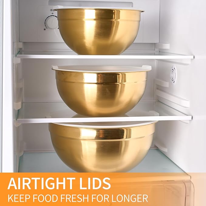 5 Piece Gold Mixing Bowls with Lids for Kitchen, Stainless Steel Mixing Bowls Set Ideal for Baking, Prepping, Cooking and Serving Food, Nesting Metal Mixing Bowls for Space Saving Storage, 1
