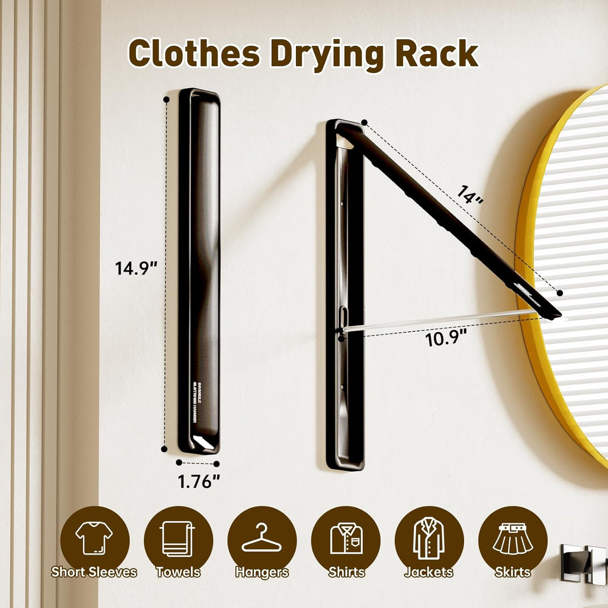 Clothes Drying Rack, Laundry Room Wall Mounted Retractable Clothes Hanger Drying Rack, Laundry Clothing Drying Rack Folding Indoor or Outdoor, Easy Installation Aluminium Dryer, 1pcs(Black)