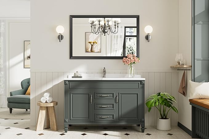 40x30 Inch Black Bathroom Mirror for Wall, Thick Metal Framed Rectangle Mirrors for Over Sink, Bedroom, Living Room, Entryway, Anti-Rust, HD Tempered Glass