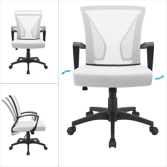 Furmax Office Chair Ergonomic Computer Desk Mesh Chair Mid Back Swivel Lumbar Support with Armrest (2, White)