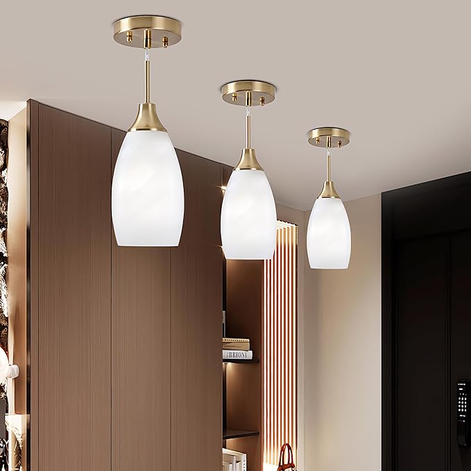 Mini Glass Pendant Light 3-Pack Handblown Art White Swirl Oval Glass Hanging Pendant Lamp 4.72" Glass Chandelier for Kitchen Island Dining Room Living Foyer Hallway Entry Brushed Gold Finish