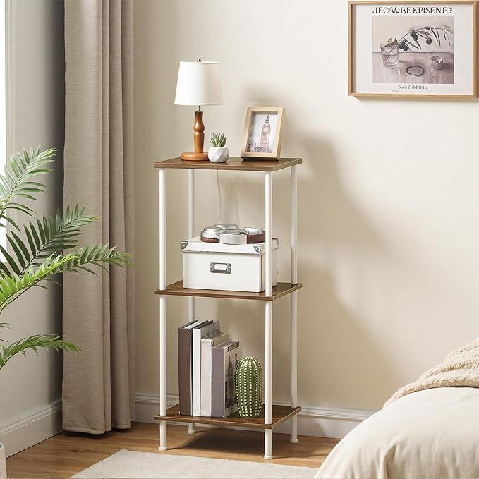 HOOBRO End Tables, Small Side Table, Nightstand with 2-Layer Storage Shelves, Sofa Table for Small Spaces, Living Room, Bedroom, Stable Frame, Easy Assembly, Walnut and White WH09BZ01