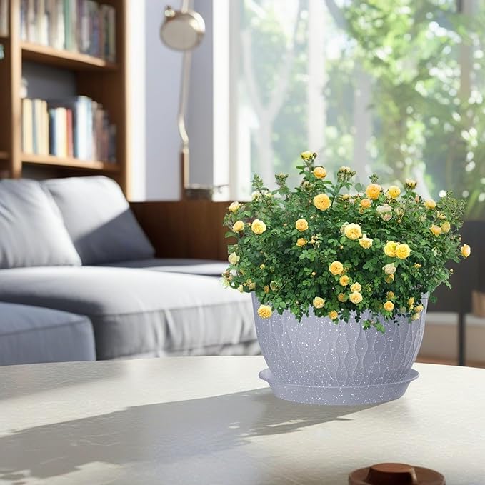12/10/9 Inch Plant Pots, 3 Pack Large Flower Pots for Indoor and Outdoor Plants with Water Ripples, Large Plastic Flower Pots with Drainage Holes and Tray for Garden Indoor Plants
