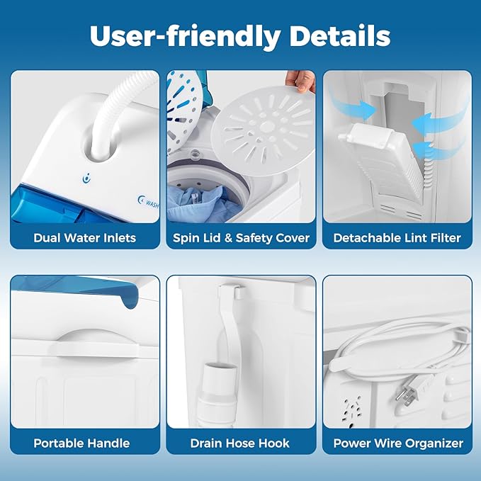 COSTWAY Portable Washing Machine, Twin Tub 20Lbs Capacity, Compact Laundry Washer(12Lbs) and Spinner(8Lbs), Durable Design for Apartment Dorm RV, Blue+White