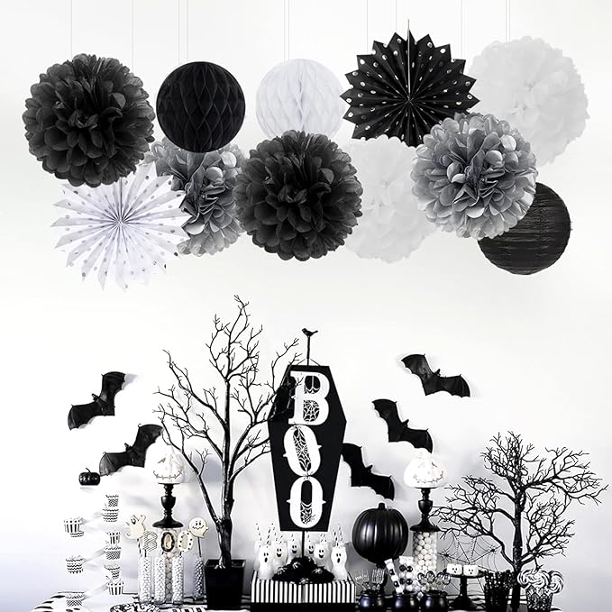 Black White Silver Party-Decorations Streamers-Lanterns - 14pc New Years Graduation 2025 Paper Fan, Bachelorette Birthday Wedding Baby Bridal Shower Tissue Pom Poms,Honeycomb Balls Decor Ouruola