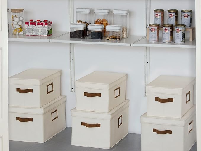 StorageWorks Large Storage Bins with Lids, Decorative Storage Boxes with Lid and PU Handles, Foldable Storage Baskets for Closet, Shelves, Stackable, Ivory White, 3-Pack