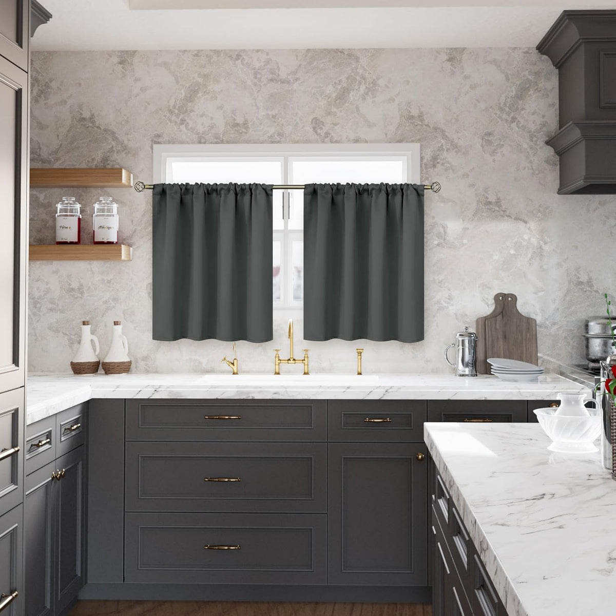 BGment Short Blackout Curtains 36 Inches Length - Rod Pocket Thermal Insulated Room Darkening Window Drapes for Kitchen Bedroom Bathroom, Dark Grey, 2 Panels, 42 x 36 Inch
