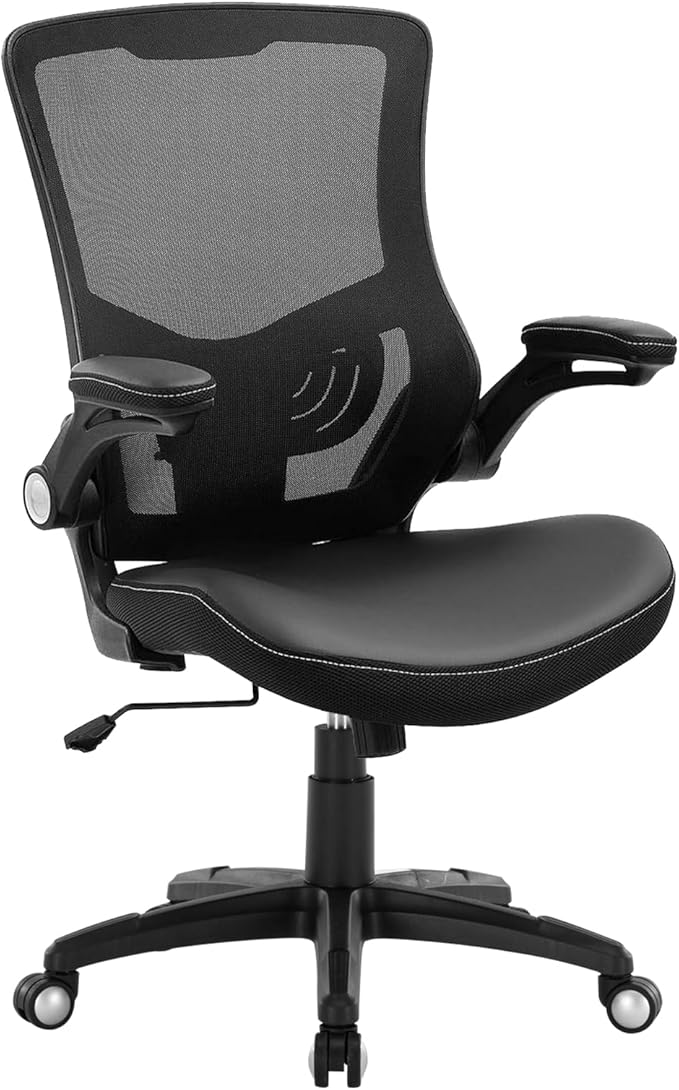 Office Chair Ergonomic Desk Chair, Computer PU Leather Home Office Chair, Swivel Mesh Back Adjustable Lumbar Support Flip-up Arms Executive Task Chair