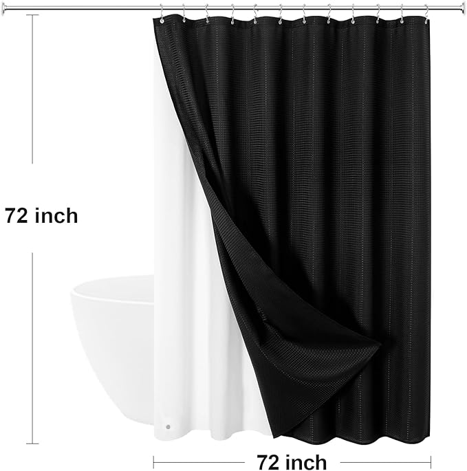 3 in 1 Shower Curtain Set, Black Waffle Shower Curtain and PEVA Liner Set with 12 Stainless Steel Shower Curtain Hooks, Waterproof Fabric Shower Curtains for Bathroom, 72 W x 72 H