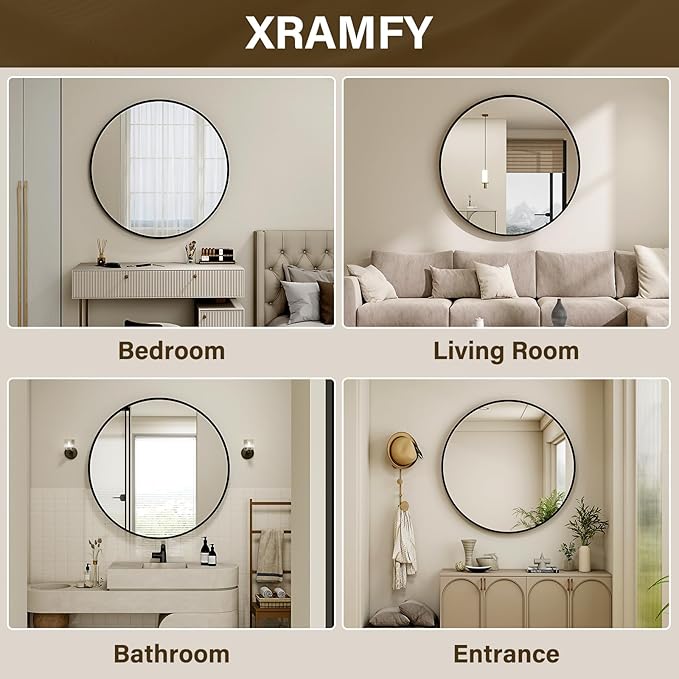 40 Inch Round Mirror - Circle Mirrors for Bathroom, Entryway and Living Room Wall Decor, Modern Hanging Vanity Mirror, Matte Black Circle Decorative Wall Mirror