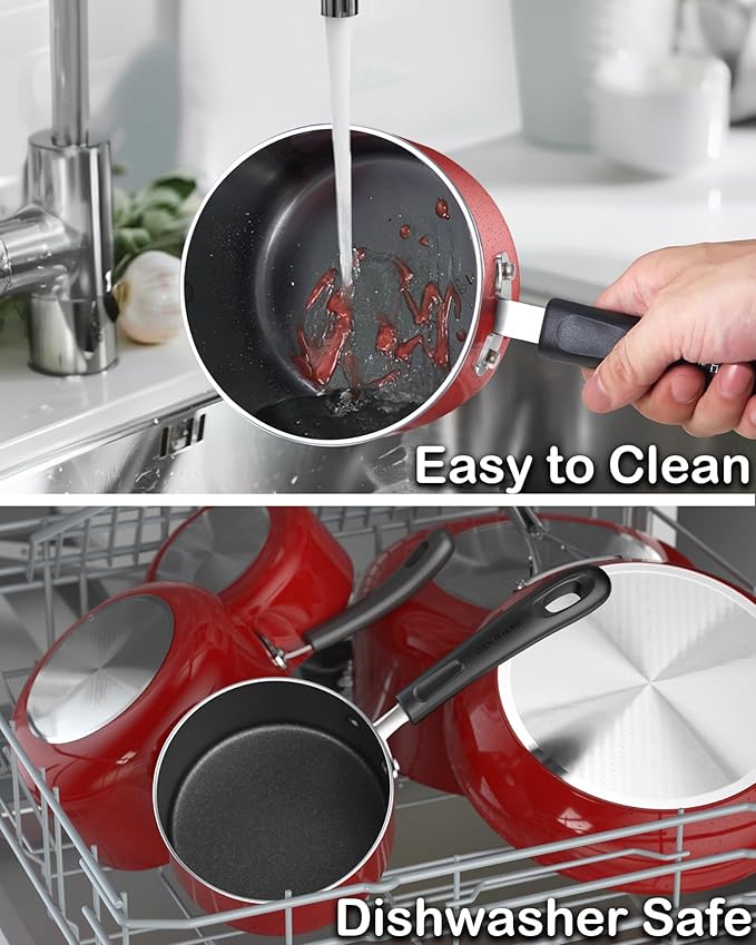 Cook N Home Non Stick Sauce Pan, 1 Quart Saucepan with Glass Lid, Nonstick Small Multi-purpose Pot, Milk Chocolate Aluminum Cooking Pot Pan with Stay-Cool Handle, Marble Red