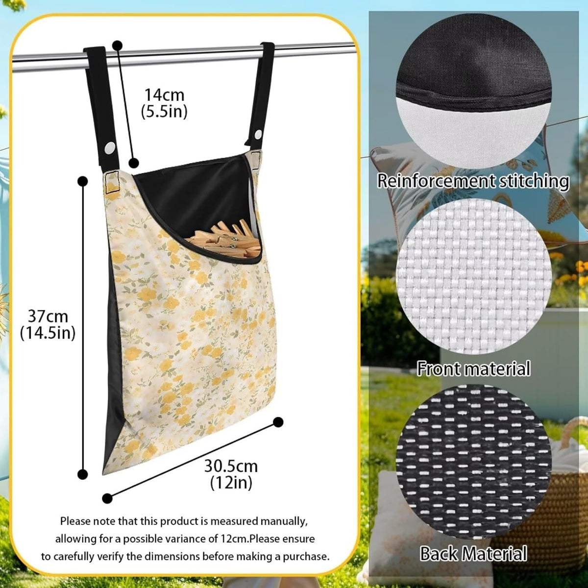 Clothespin Bag with Large Capacity for Mini and Wooden Clothespins with Large Opening Storage Organizer Laundry Hanging Bag - Floral Pattern