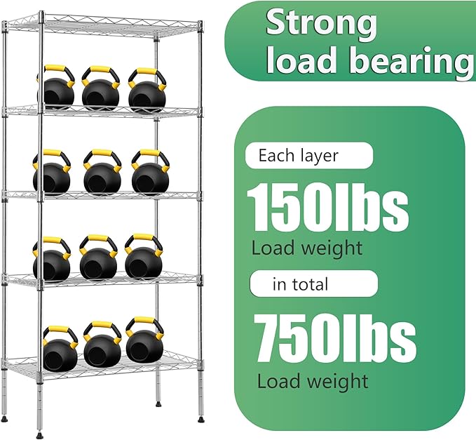 BestOffice Garage Shelving 5 Tier Metal Storage Shelves 750lbs Weight Capacity Heavy Duty Wire Shelving NSF Certified Utility Shelves with Leveling Feet for Garage Home Office, Chrome
