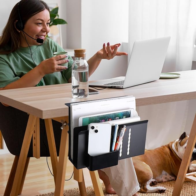 LUKETURE Desk Side Storage, 2 Tier Steel Hanging Organizer, No Drill Side Desk Organizer, Laptop Holder, with Pen Holder, Hanging Table Storage for Office Home, Fits Flat Edge Tables 0.3" to 2.8"