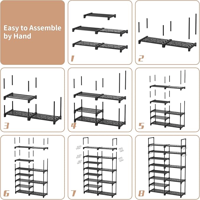 ROJASOP Shoe Rack Organizer, 8-Tier Metal Shoe Rack for Closet Entryway Garage, 26-32 Pairs Tall Shoe Boot Storage Shelf with 15 Hooks, Stackable Large Shoe Stand