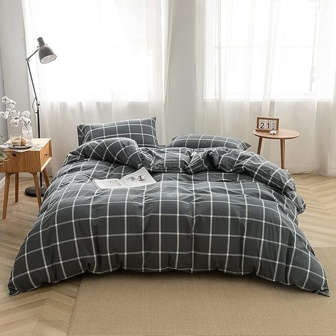 FACE TWO FACE Bedding Duvet Cover Set100% Washed Cotton Duvet Cover Linen Like Textured Breathable Durable Soft Comfy (King, Light Gray)