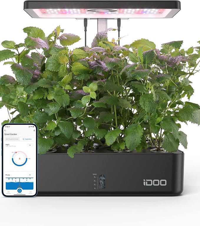iDOO Hydroponics Growing System Kit 12Pods, Christmas Gifts for Women Mom, Herb Garden Indoor with LED Grow Light for Home, Built-in Fan, Auto-Timer, Adjustable Height Up to 11.3", 12Pods WiFi-Black