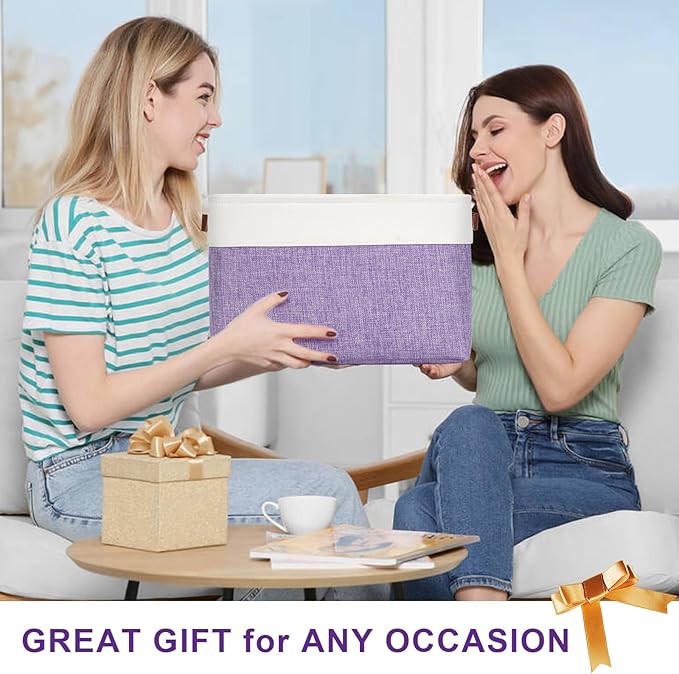 Storage Bins Large Fabric Storage Baskets for Shelves 3 Pack, Decorative Linen Closet Baskets with Handles for Organizing, Shelf, Clothes, Home, Office, 15x11x9.5Inches (Purple&White)