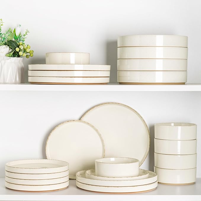 AmorArc Ceramic Dinnerware Sets for 6, 18 Pieces Handpainted Plates and Bowls Set with Rustic Terracotta Underside, Scratch Resistant Stoneware Dishes Set, Dishwasher & Microwave Safe