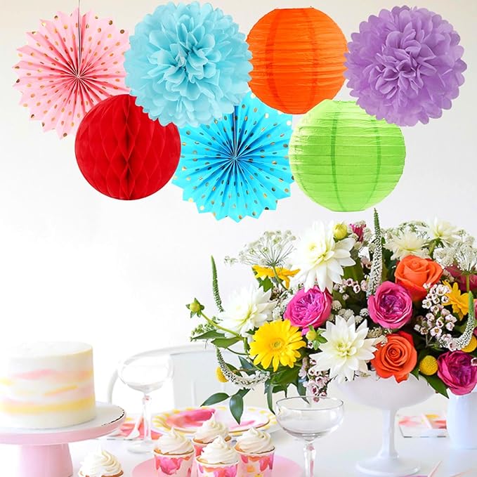 Rainbow Red-Orange Green-Blue Purple Party-Decorations - 14pcs Colorful Theme Paper Lanterns Fan,Tissue Pom Poms Streamers,Honeycomb Balls,Boy Girl Kids Birthday Baby Shower Wedding Supplies Ouruola