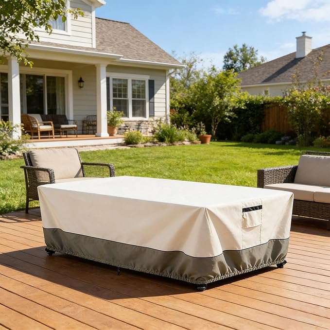 72 Inch Rectangular/Oval Patio Table Cover,Heavy Duty Waterproof Outdoor Dining Table Cover, Patio Furniture Covers, Beige