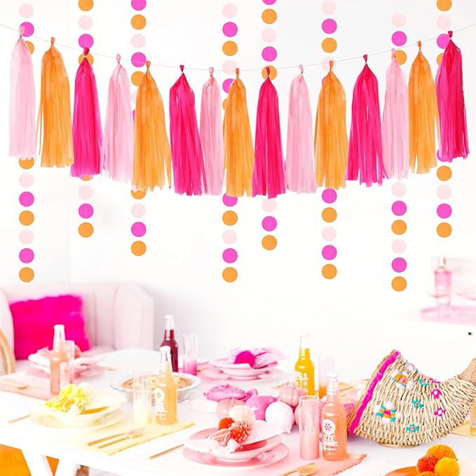 Hot-Pink Burnt-Orange Fall Party Decorations - 33pcs Birthday Baby Shower Banner,Streamers Tassel Garland,Sunset Autumn Thanksgiving Tissue Pom Poms,Paper Lantern Fans,Wedding Backdrop Decor Hugtmr
