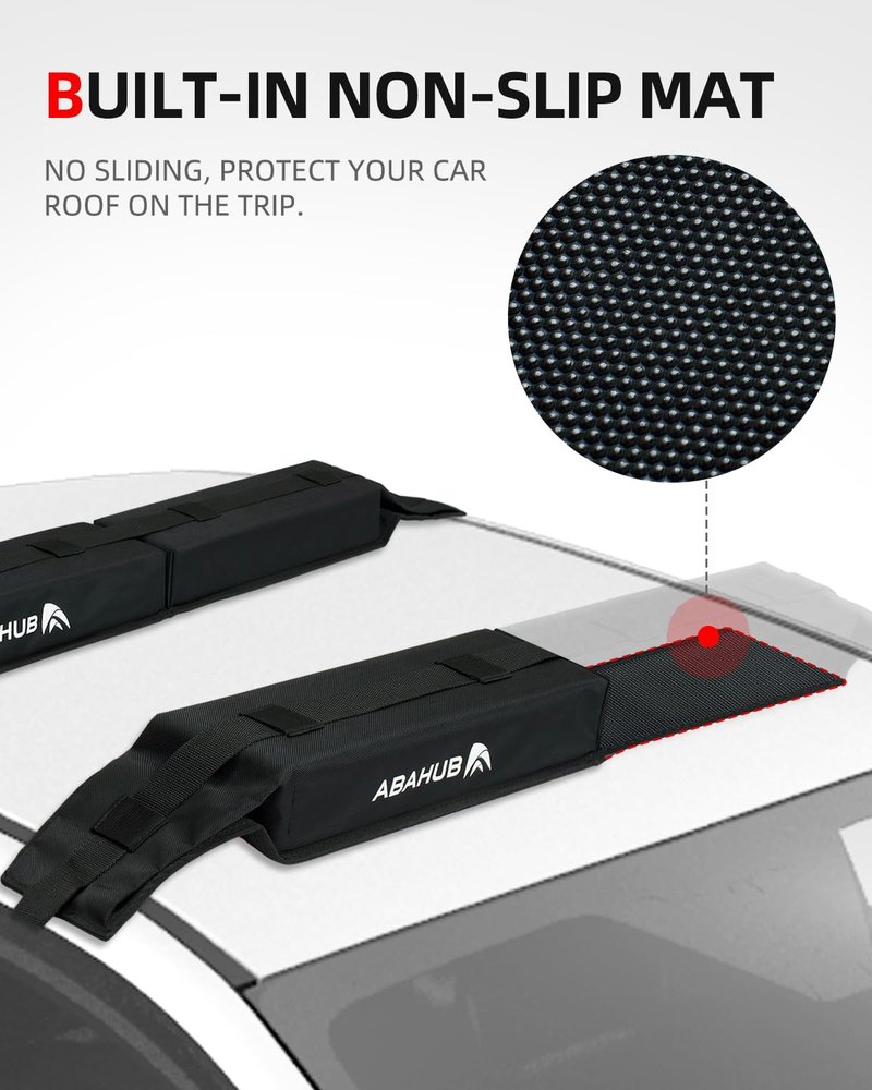 Abahub Soft Roof Rack Pads with 2 Tie Down Straps, 2 Tie Down Ropes, 2 Hood Loops and Storage Bag, for Surfboard, Kayak, Canoe, Heavy Duty Universal Car Roof Racks System