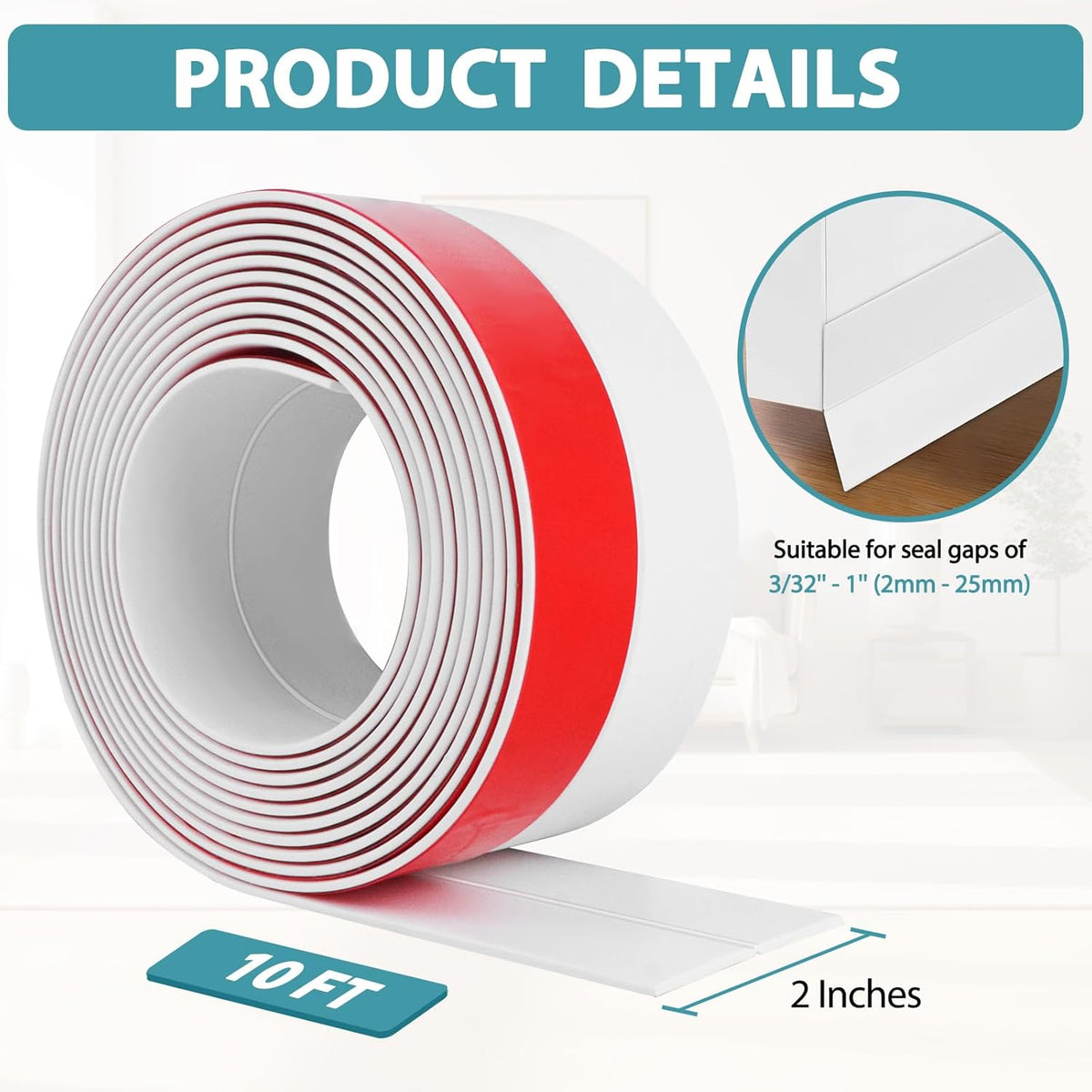 Weather Stripping Door Draft Stopper Flexible Self Adhesive Silicone Door Seal Strip for Glass Doors Windows and Shower Glass Gaps, 2 Inch Wide X 10 Feet Long, White