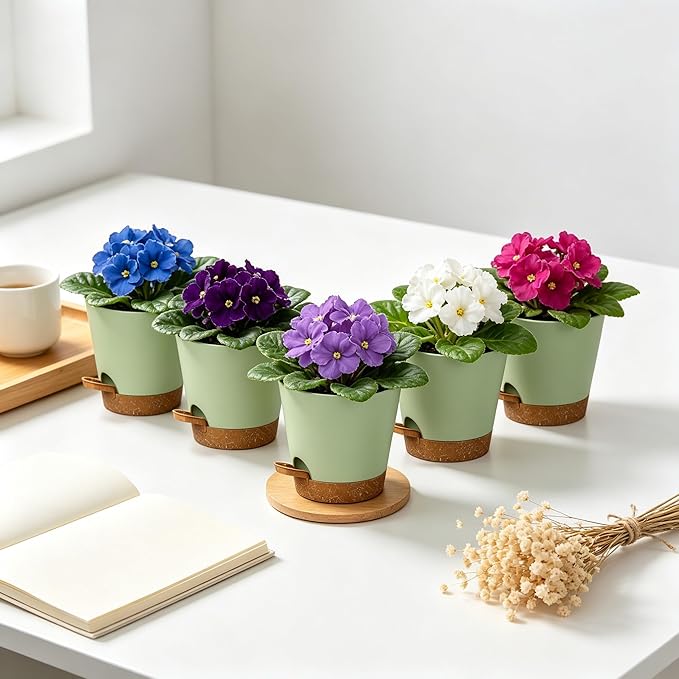 12 Pack 4 Inch African Violet Pots Self Watering, Self-Watering Planters with Drainage Holes & Reservoir, Green Brown Plastic Pots for Indoor Outdoor Plants, Succulents & Flowers