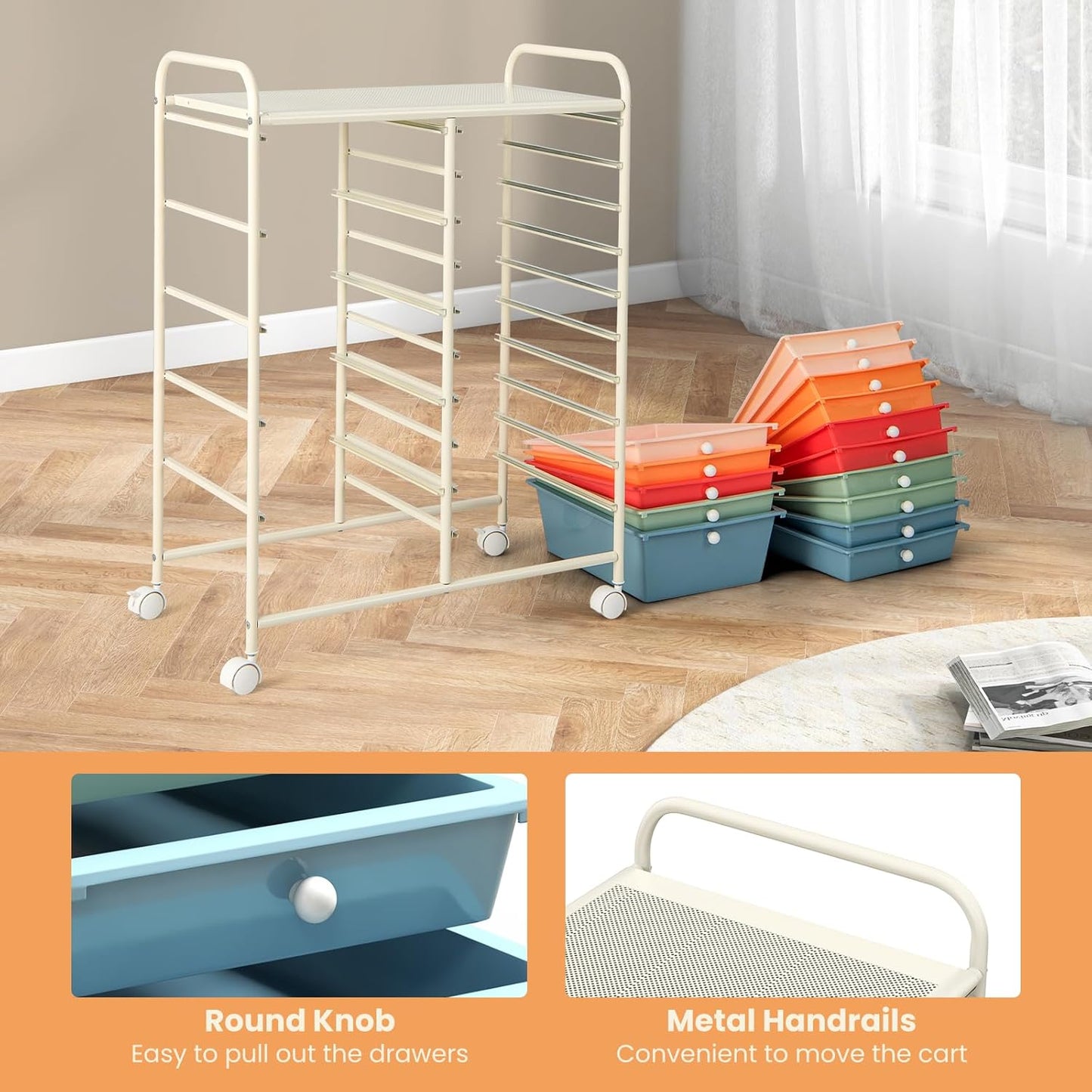 GOFLAME 15-Drawer Rolling Storage Cart, Multipurpose Movable Organizer, Utility Cart for Home, Office, School, Macaron Color