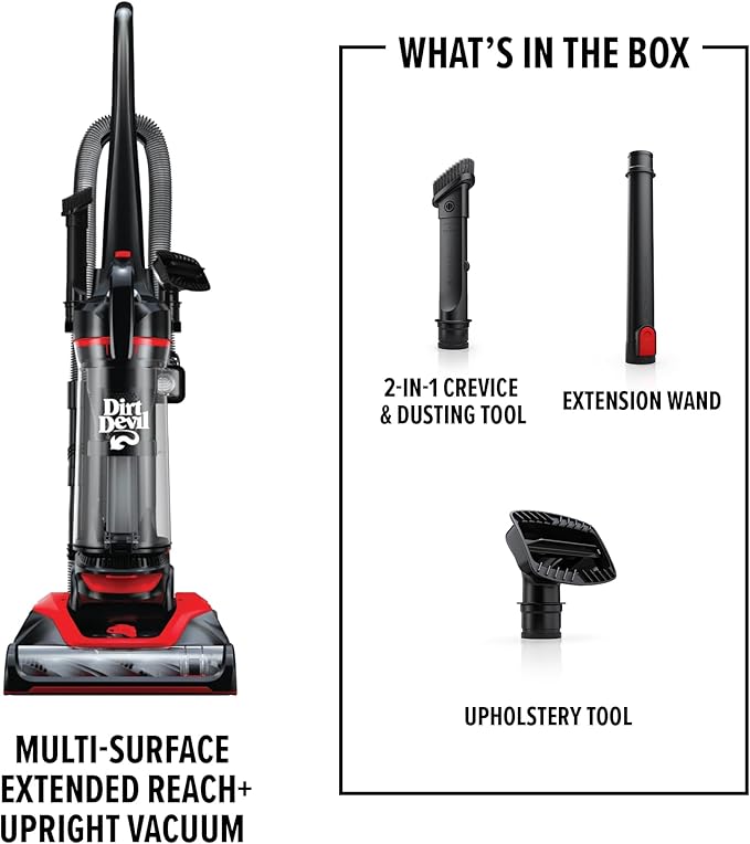 Dirt Devil Multi-Surface Extended Reach+ Upright Bagless Vacuum Cleaner for Carpet and Hard Floor, Powerful, Lightweight, Corded Vacuum Cleaners for Home Use