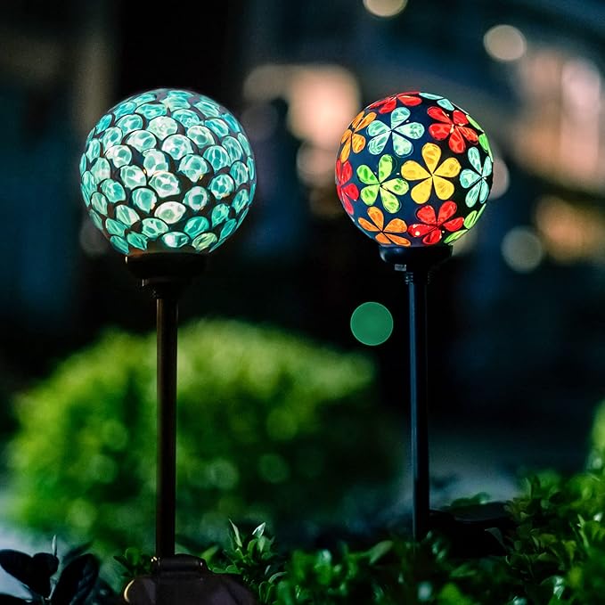 VCUTEKA Solar Garden Lights, Mosaic Solar Light Outdoor Waterproof LED Pathway Stake Light for Landscape Patio Yard Deck Walkway Decoration, 2 Pack