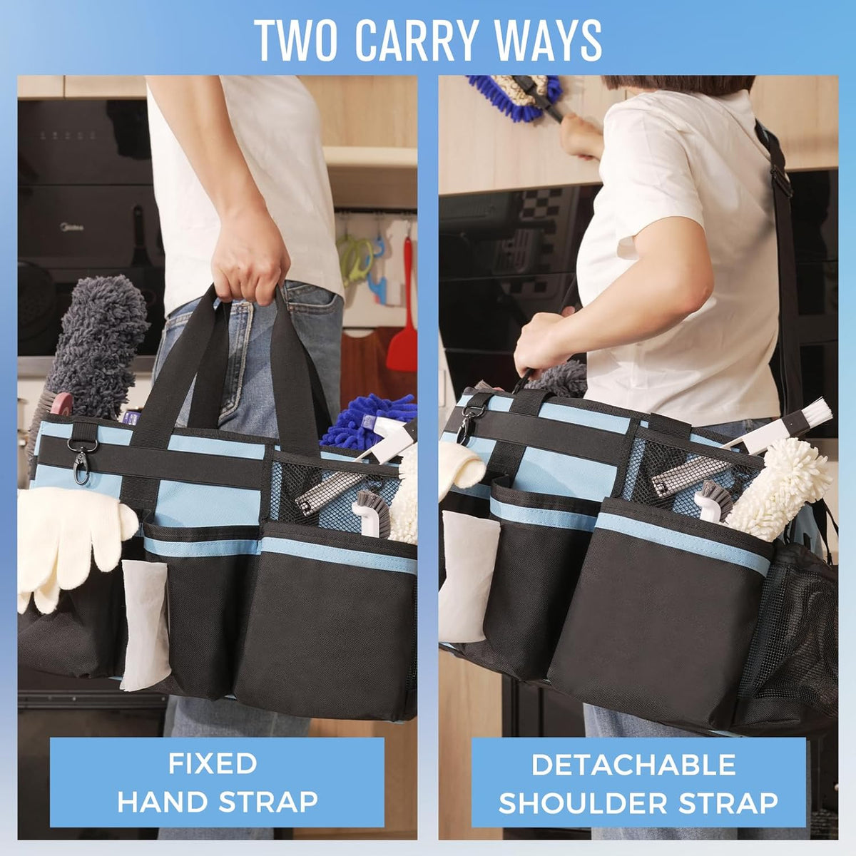 Wearable Cleaning Caddy, Cleaning Caddy Supplies Organizer with Handle & Shoulder Straps for Housekeepers, Under Sink & Car Cleaning Tool Organizers Bag with 4 Foldable Divider (Blue)