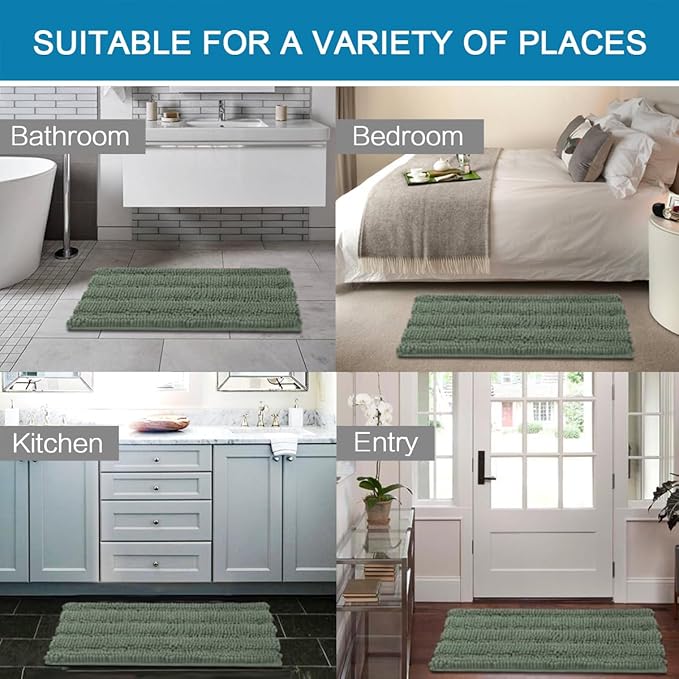 H.VERSAILTEX Bath Mat Set, 2 Piece Bath Mats Non Slip Thick Soft Chenille Striped Bath Rug Set, Bath Mats for Bathroom Sets (Green Bay, 20" x 32"/17" x 24")