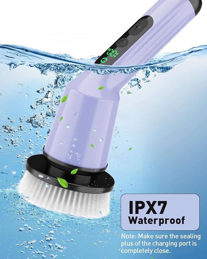 Electric Spin Scrubber for Cleaning Bathroom, Shower Scrubber Cordless Cleaning Brush with IPX7 Waterproof & 2 Speed, 3 Brush Heads, Bathroom Cleaning Supplies for Shower Tub Tile Toilet Purple