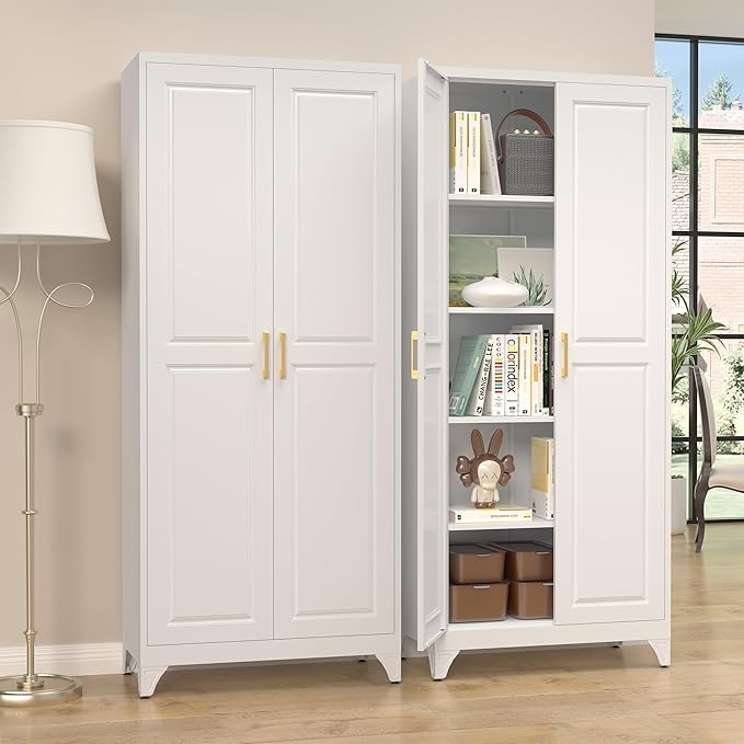 Kitchen Pantry Cabinet,75”White Metal Storage Cabinets with Doors and 4 Adjustable Shelves,Kitchen Cabinet with 2 Gold Handles,Tall Cabinet for Livingroom,Pantry, Bathroom