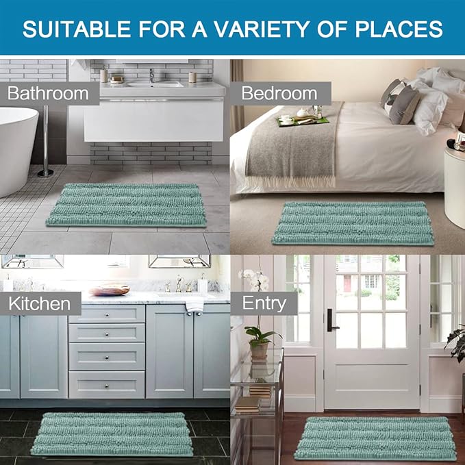 H.VERSAILTEX Bath Rugs for Bathroom Non Slip Bath Mats Extra Thick Chenille Striped Rug 20" x 32" Absorbent Non Skid Fluffy Soft Shaggy Washable Plush Mat for Indoor, Bath Room, Tub - Eggshell Blue